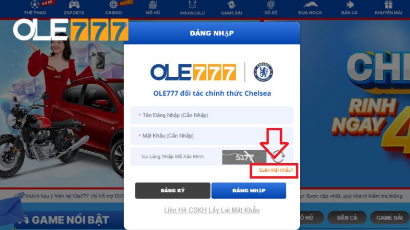Người chơi nhấn vào mục Quên mật khẩu ở biểu mẫu Đăng nhập